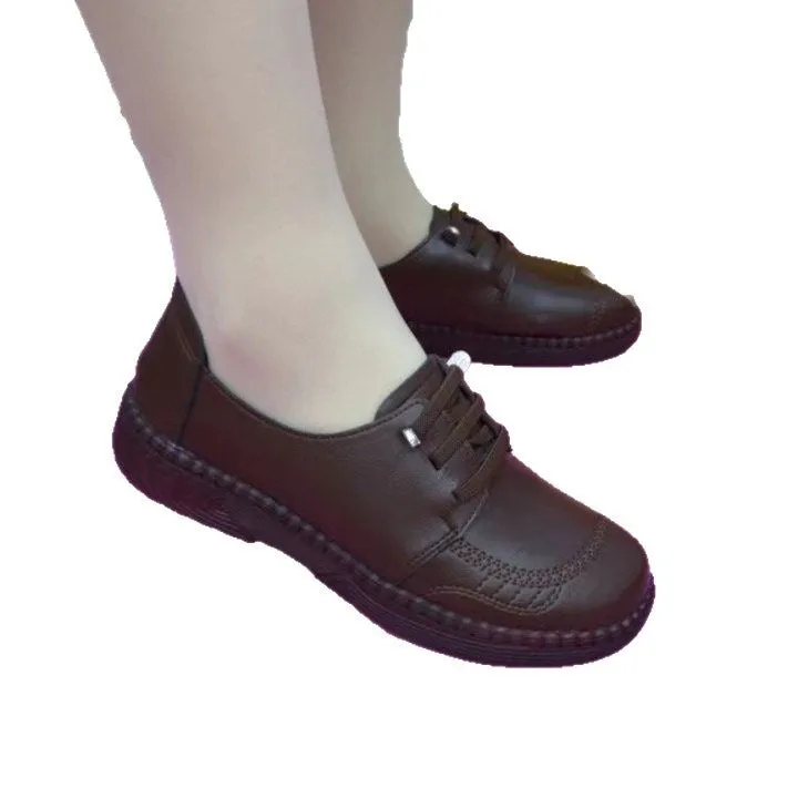 Soft leather women's low-heel non-slip shoes black brown PU leather beef tendon bottom lace-up autumn footwear