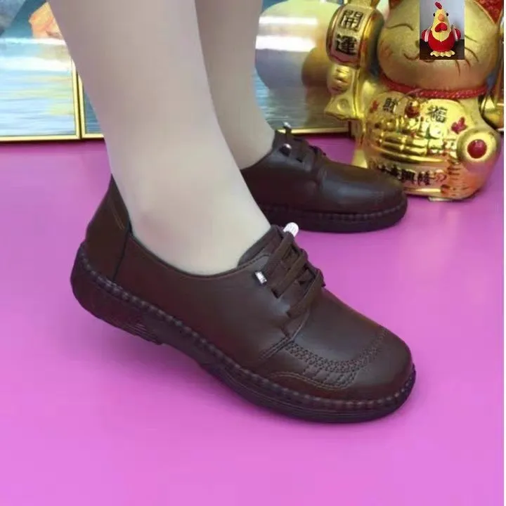 Soft leather women's low-heel non-slip shoes black brown PU leather beef tendon bottom lace-up autumn footwear