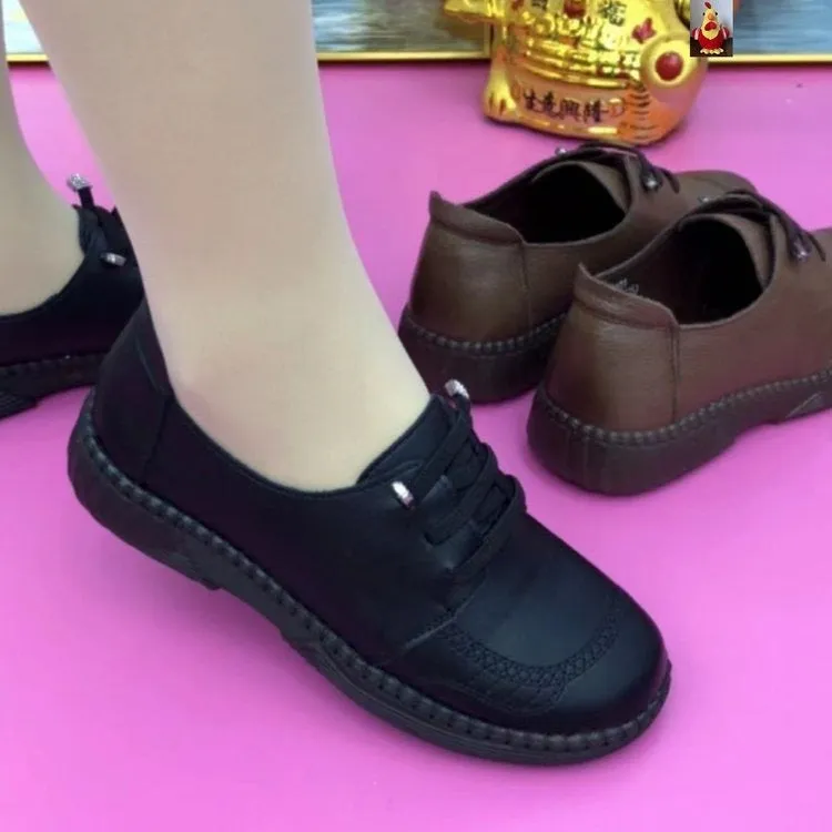 Soft leather women's low-heel non-slip shoes black brown PU leather beef tendon bottom lace-up autumn footwear