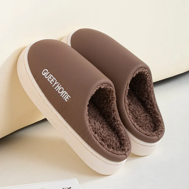 Men's winter fleece-lined slippers in brown with plush upper and non-slip PVC sole
