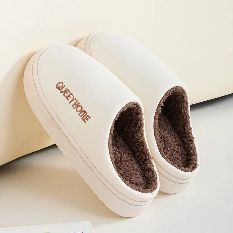Men's winter fleece-lined slippers in brown with plush upper and non-slip PVC sole