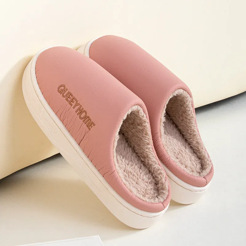 Men's winter fleece-lined slippers in brown with plush upper and non-slip PVC sole