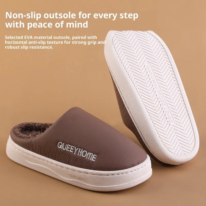 Men's winter fleece-lined slippers in brown with plush upper and non-slip PVC sole
