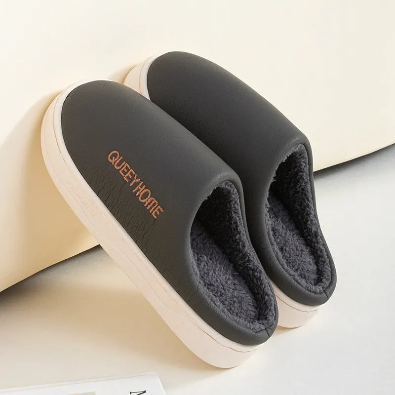 Men's winter fleece-lined slippers in brown with plush upper and non-slip PVC sole
