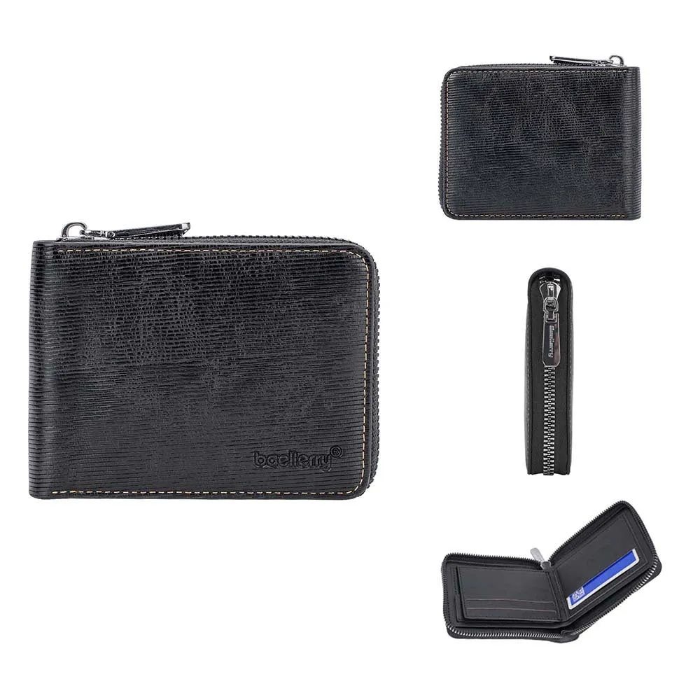 PU leather anti-theft credit card zipper wallet with embossed pattern in solid black colour