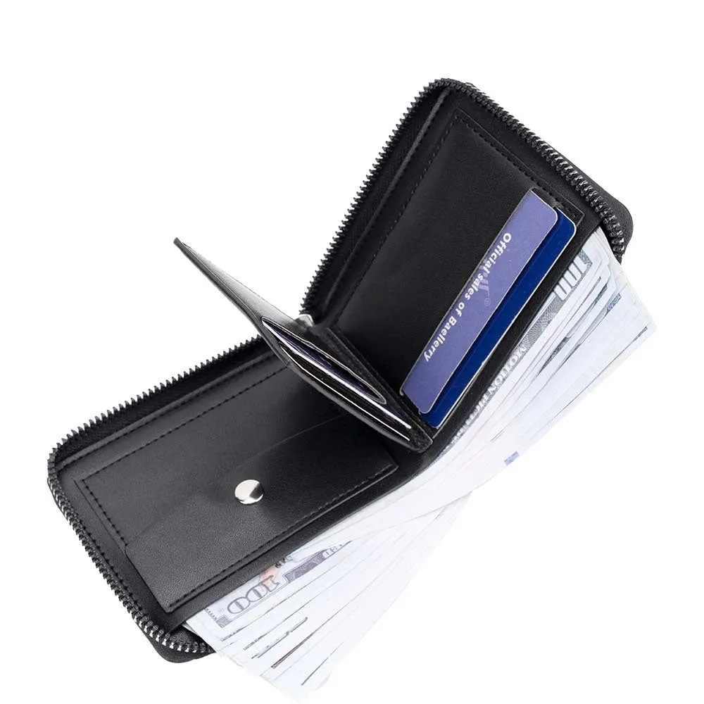 PU leather anti-theft credit card zipper wallet with embossed pattern in solid black colour