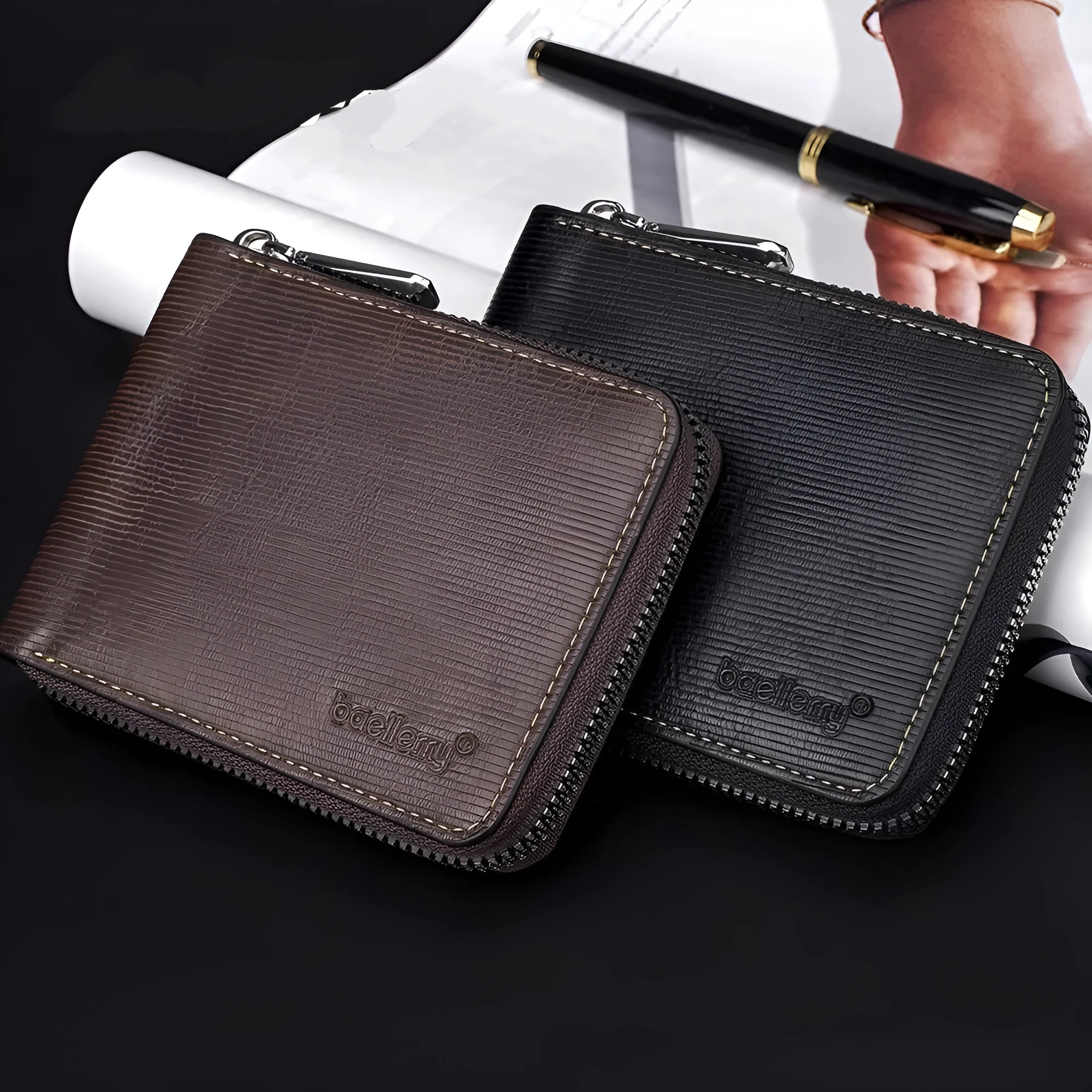 PU leather anti-theft credit card zipper wallet with embossed pattern in solid black colour