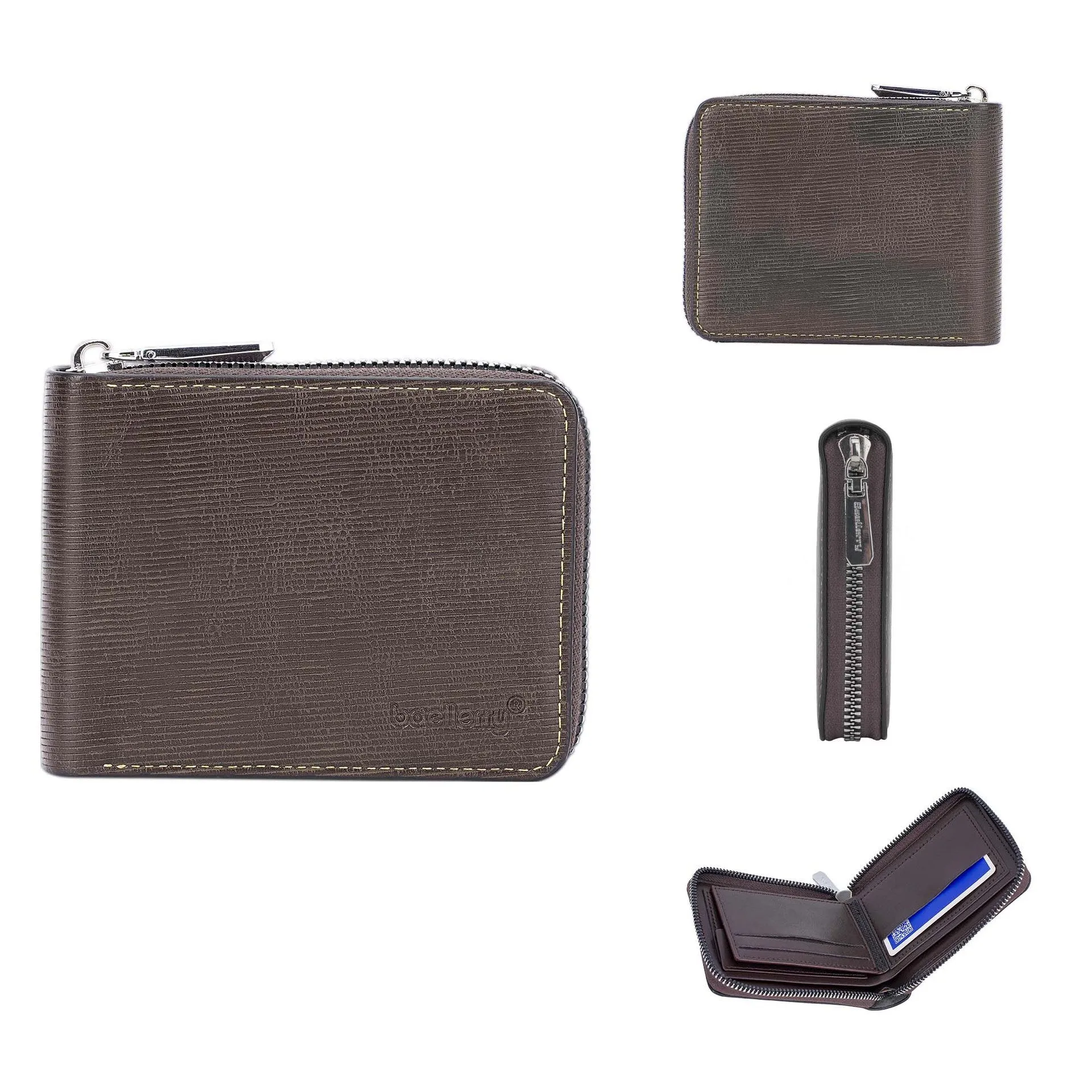 PU leather anti-theft credit card zipper wallet with embossed pattern in solid black colour
