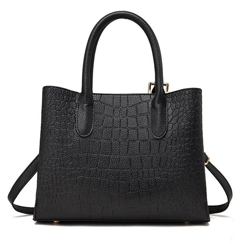 Urban simple shoulder messenger bag for women with crocodile pattern, square vertical shape, black PU leather, multiple compartments