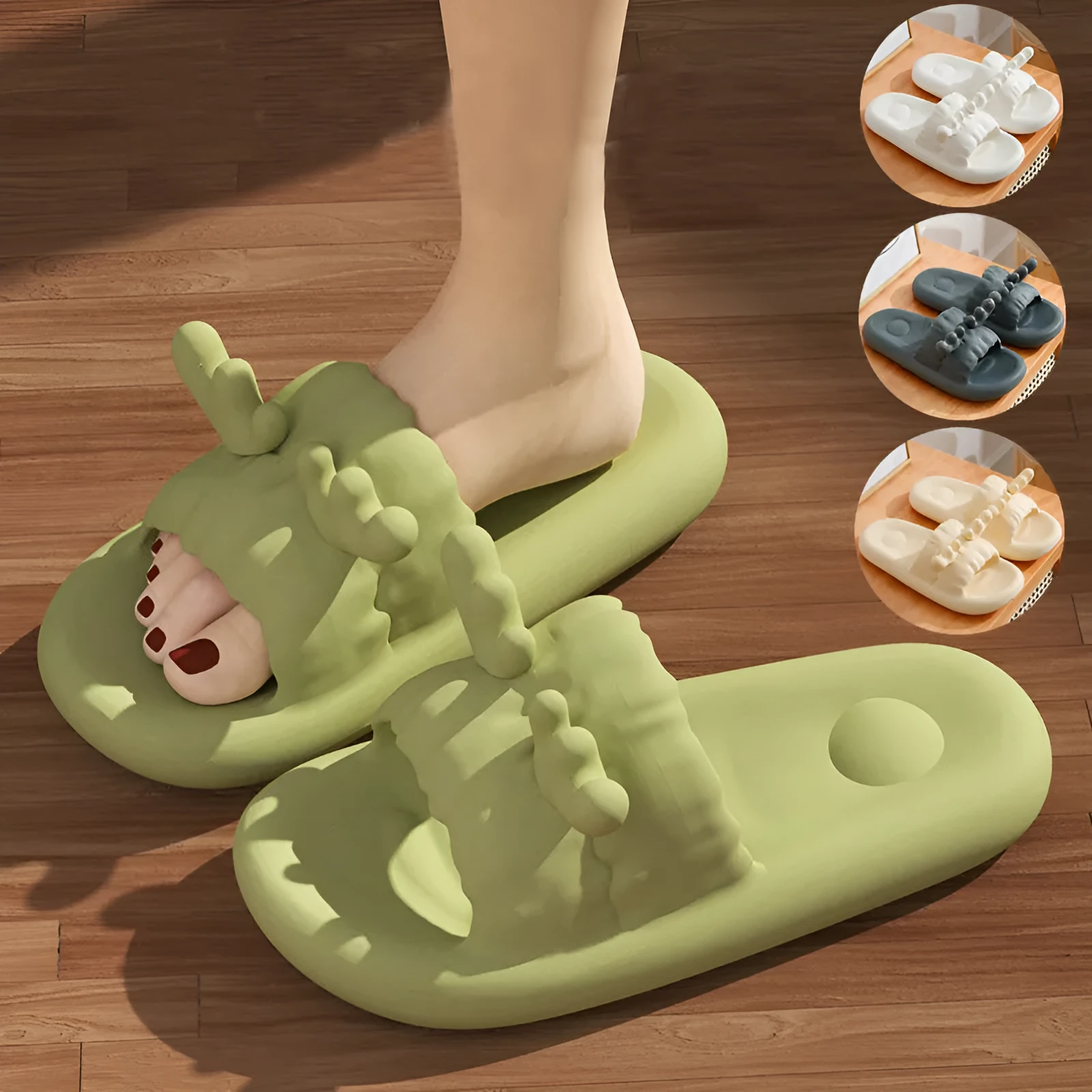 White EVA flip flop slippers with a cute deer horn design and a non-slip sole.