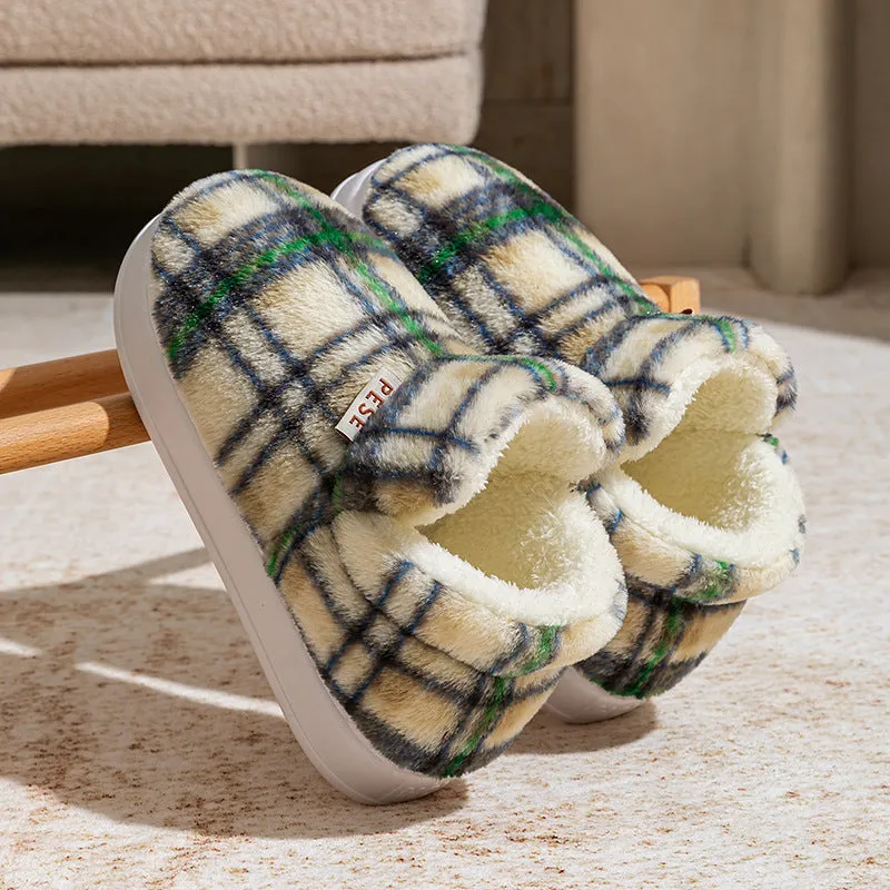 Indoor home slippers with non-slip PVC sole and plush upper in yellow, green, purple, gray, coffee colours, round toe, shoe-cover style