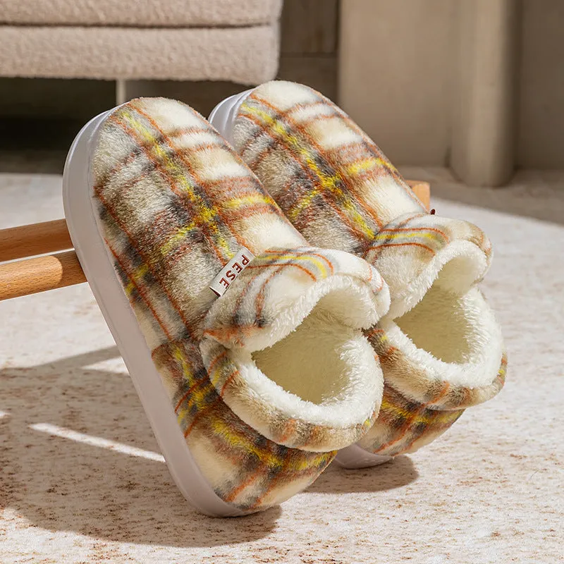 Indoor home slippers with non-slip PVC sole and plush upper in yellow, green, purple, gray, coffee colours, round toe, shoe-cover style