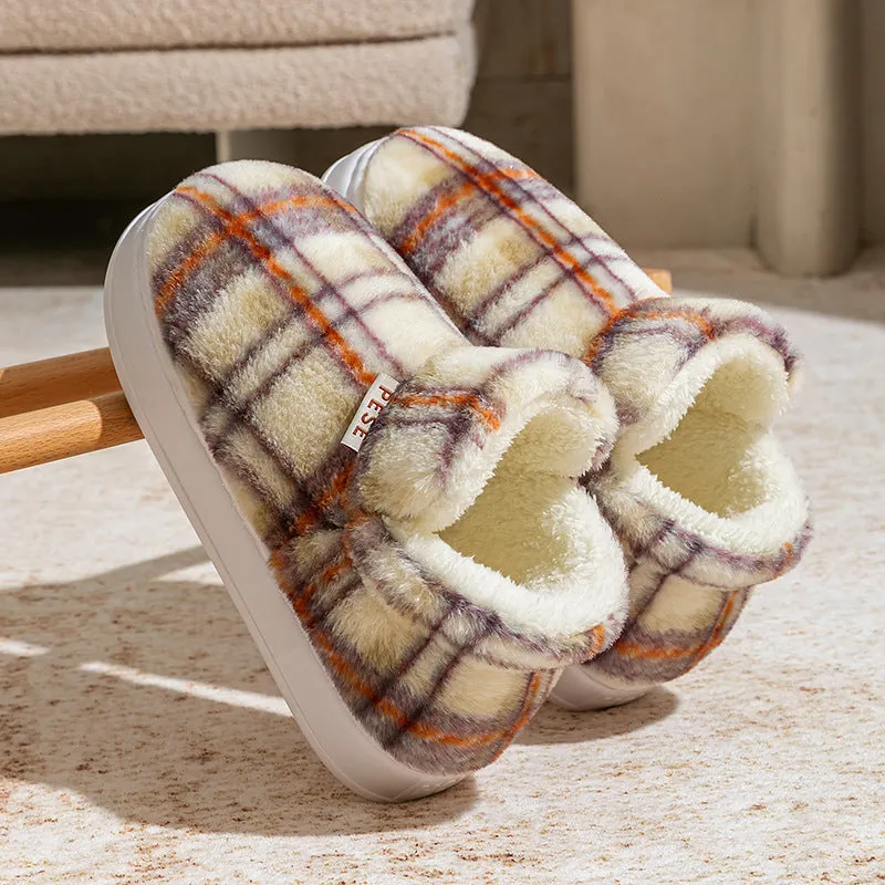 Indoor home slippers with non-slip PVC sole and plush upper in yellow, green, purple, gray, coffee colours, round toe, shoe-cover style
