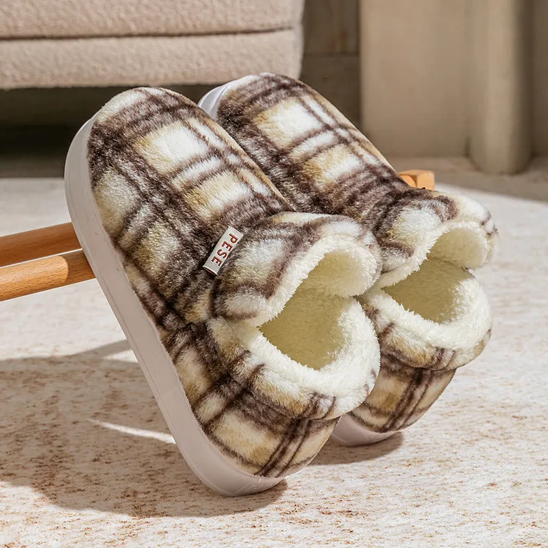Indoor home slippers with non-slip PVC sole and plush upper in yellow, green, purple, gray, coffee colours, round toe, shoe-cover style