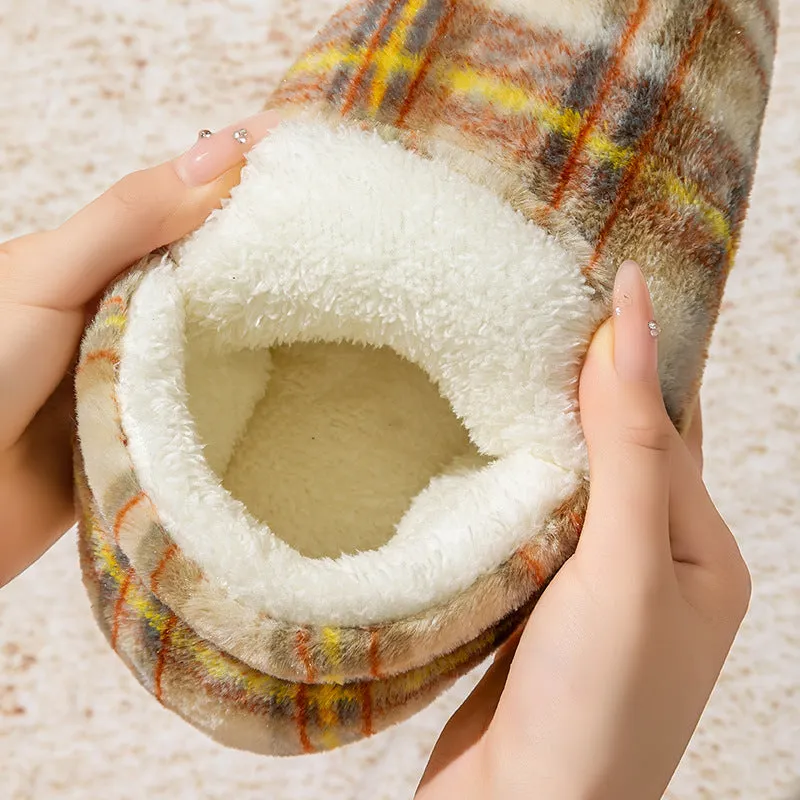 Indoor home slippers with non-slip PVC sole and plush upper in yellow, green, purple, gray, coffee colours, round toe, shoe-cover style