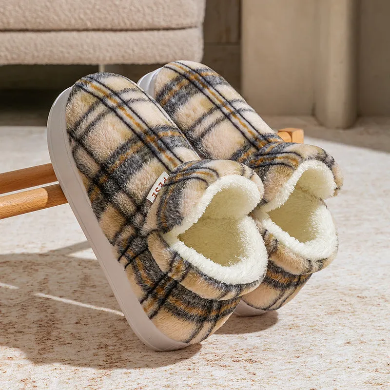 Indoor home slippers with non-slip PVC sole and plush upper in yellow, green, purple, gray, coffee colours, round toe, shoe-cover style