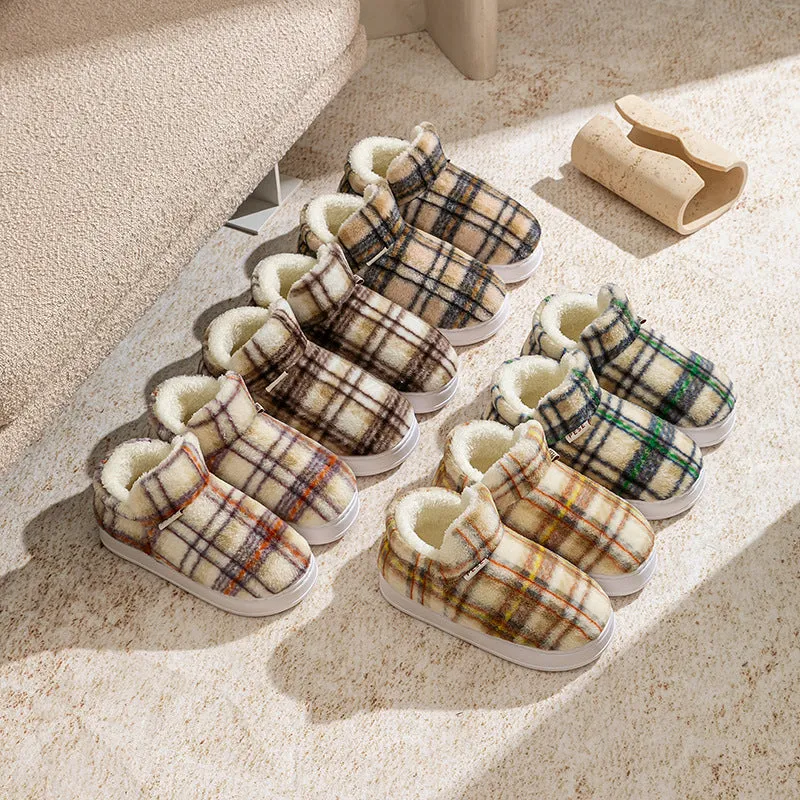 Indoor home slippers with non-slip PVC sole and plush upper in yellow, green, purple, gray, coffee colours, round toe, shoe-cover style