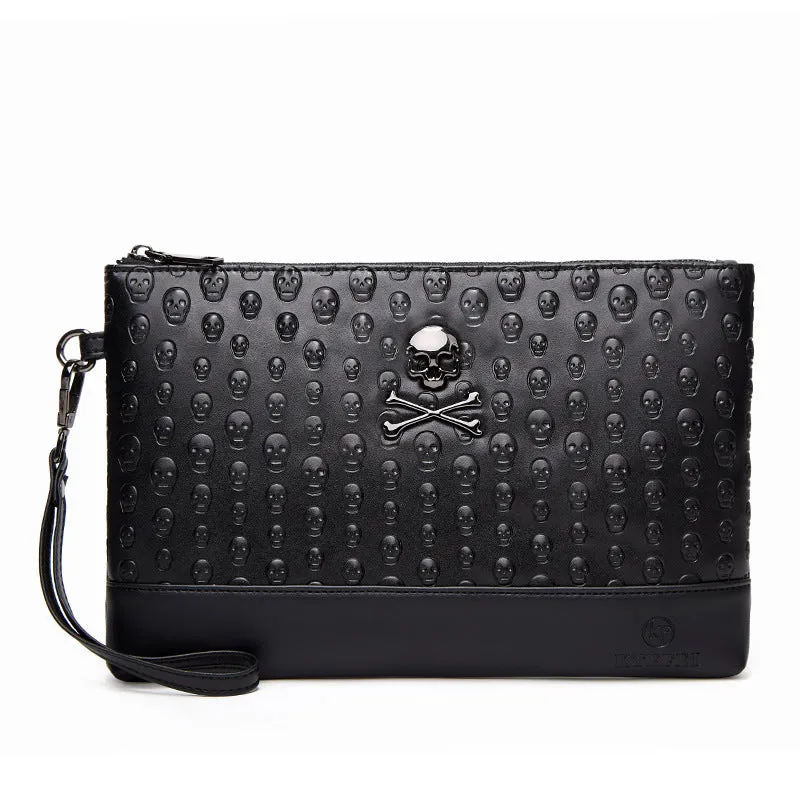 Retro men's and women's skull clutch bag in black/army green with geometric pattern and PU leather finish