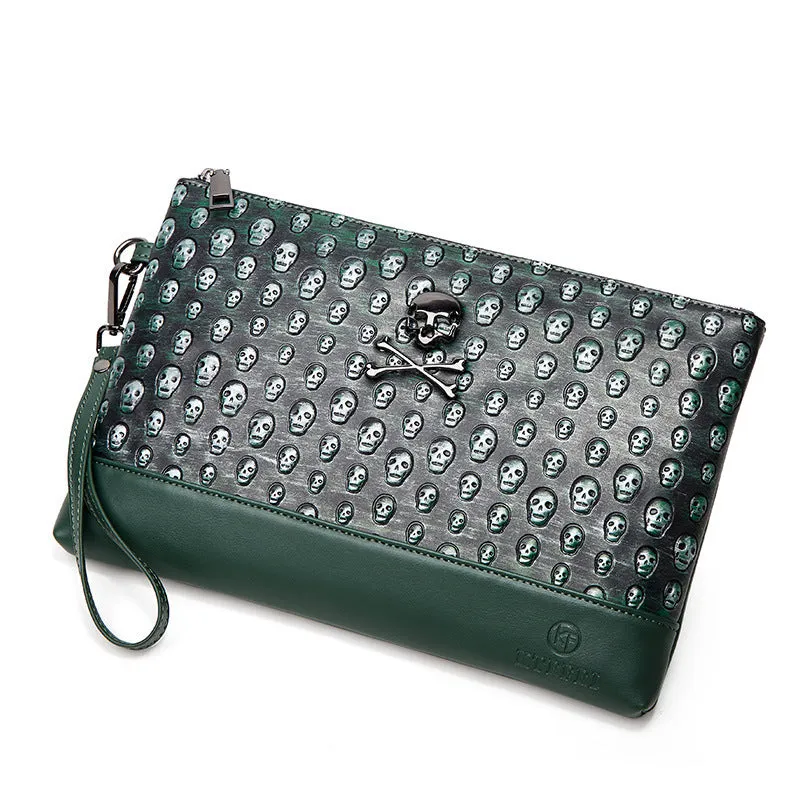 Retro men's and women's skull clutch bag in black/army green with geometric pattern and PU leather finish