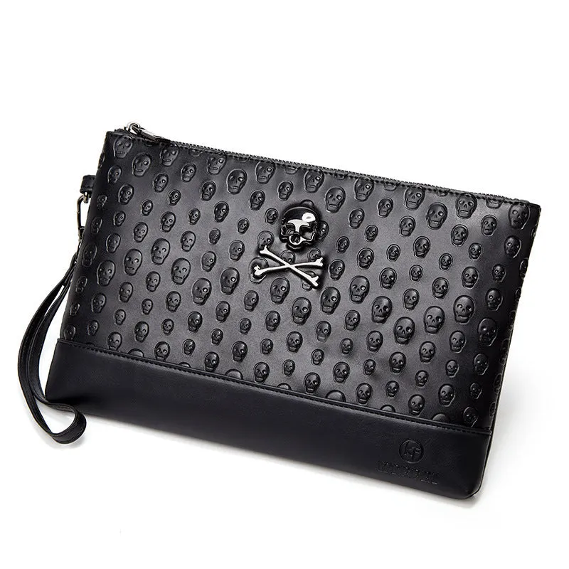 Retro men's and women's skull clutch bag in black/army green with geometric pattern and PU leather finish