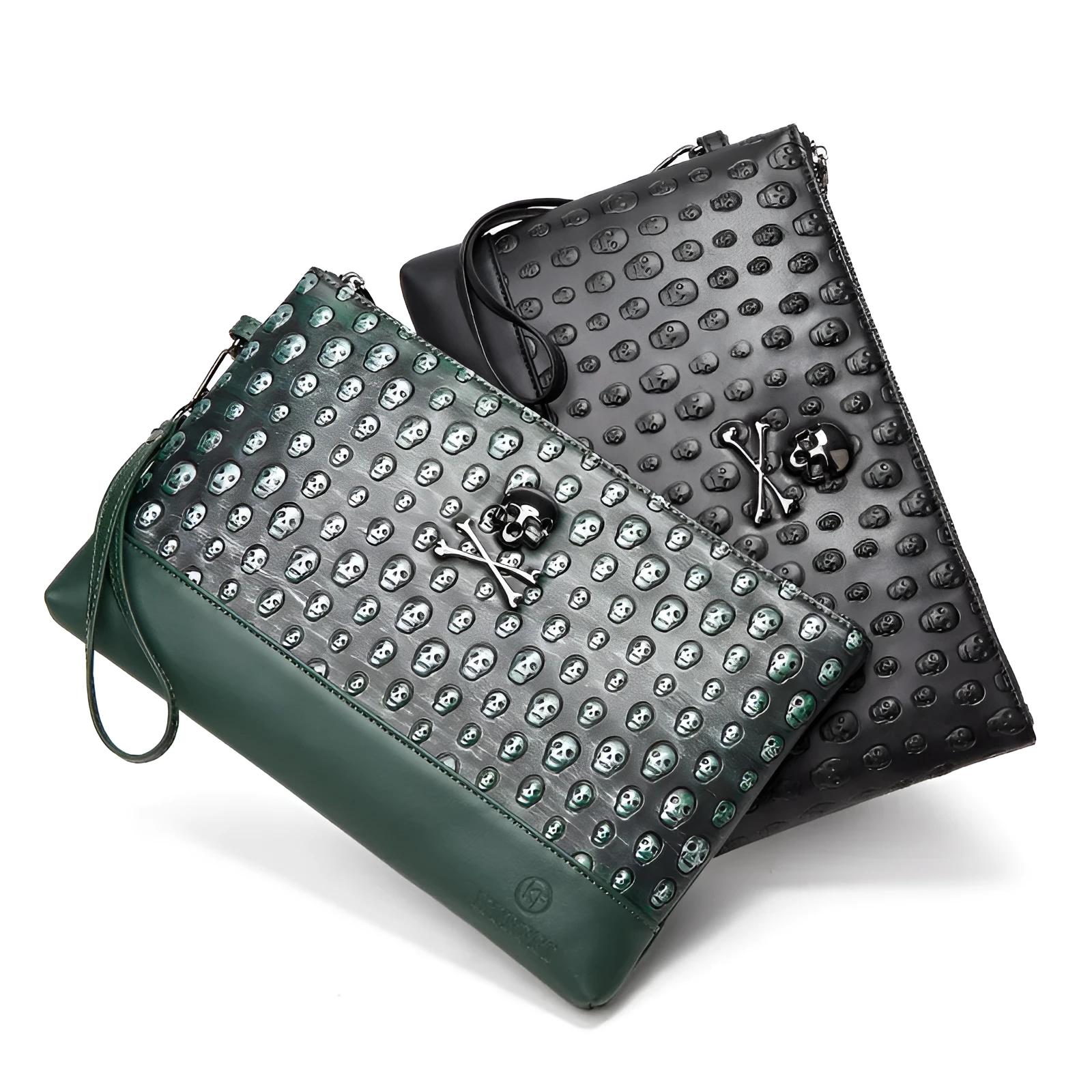 Retro men's and women's skull clutch bag in black/army green with geometric pattern and PU leather finish