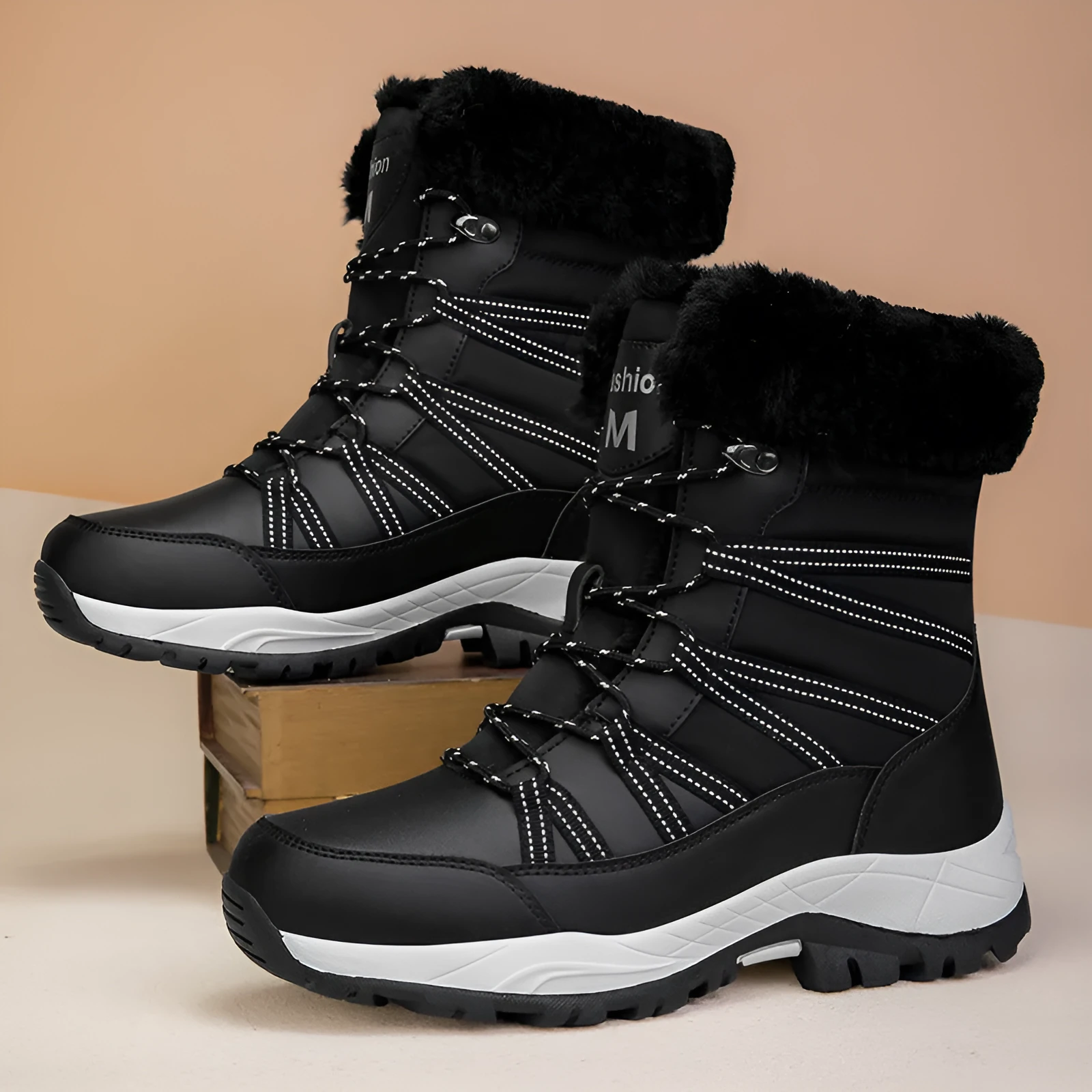 Women's winter fleece-lined non-slip cotton-padded mid boots in 918 Black with TPR sole