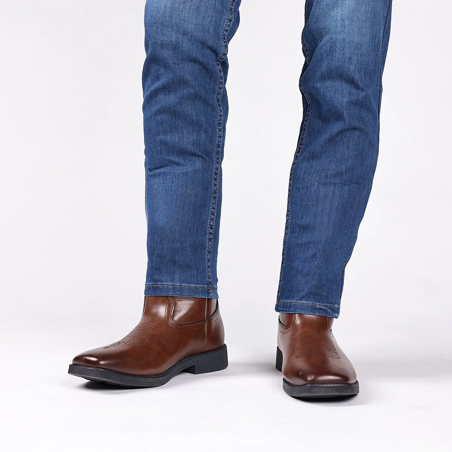 Men's wide square toe cowboy boots with retro embroidery, low horseshoe heel, artificial leather upper, available in brown, black, and khaki
