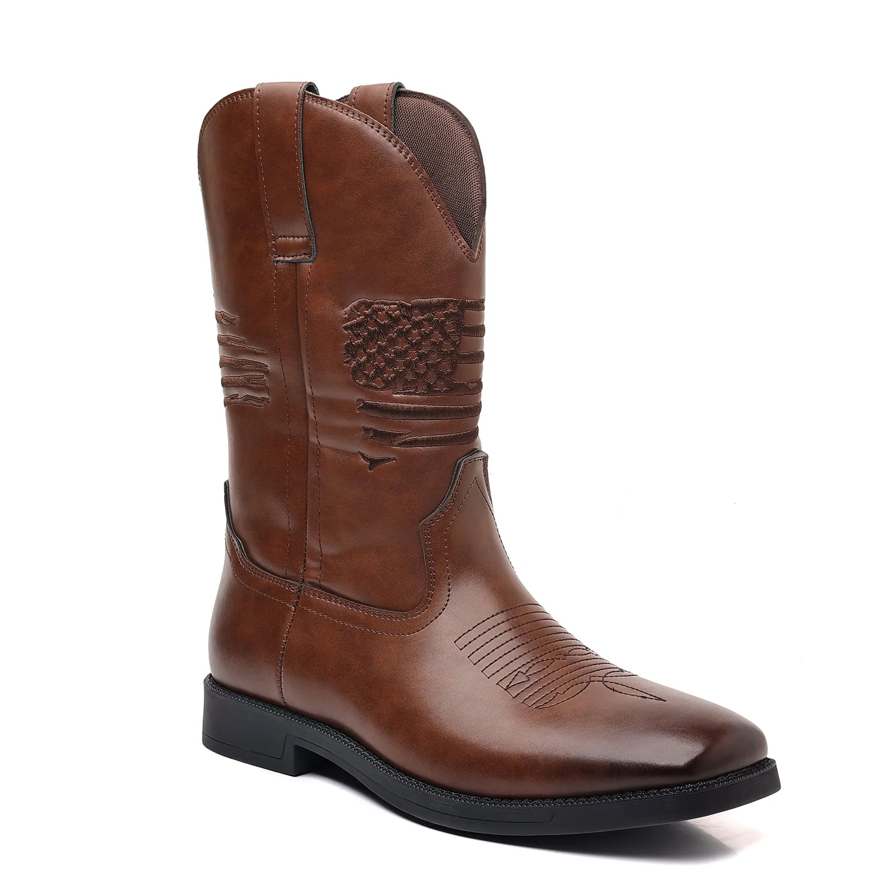Men's wide square toe cowboy boots with retro embroidery, low horseshoe heel, artificial leather upper, available in brown, black, and khaki