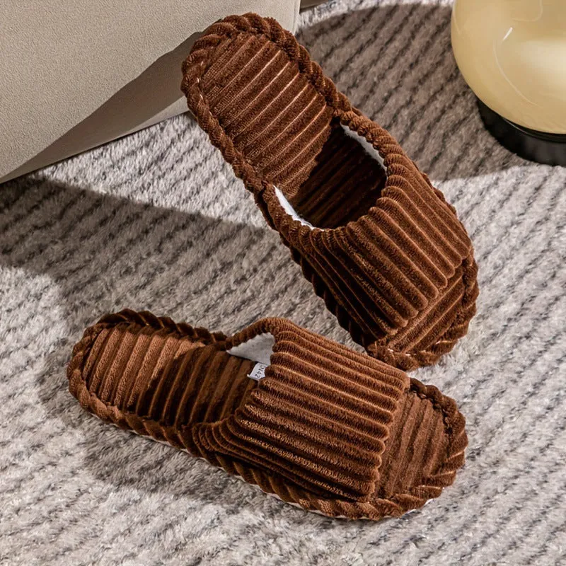 Men's corduroy striped indoor slippers with suede upper in beige, open design