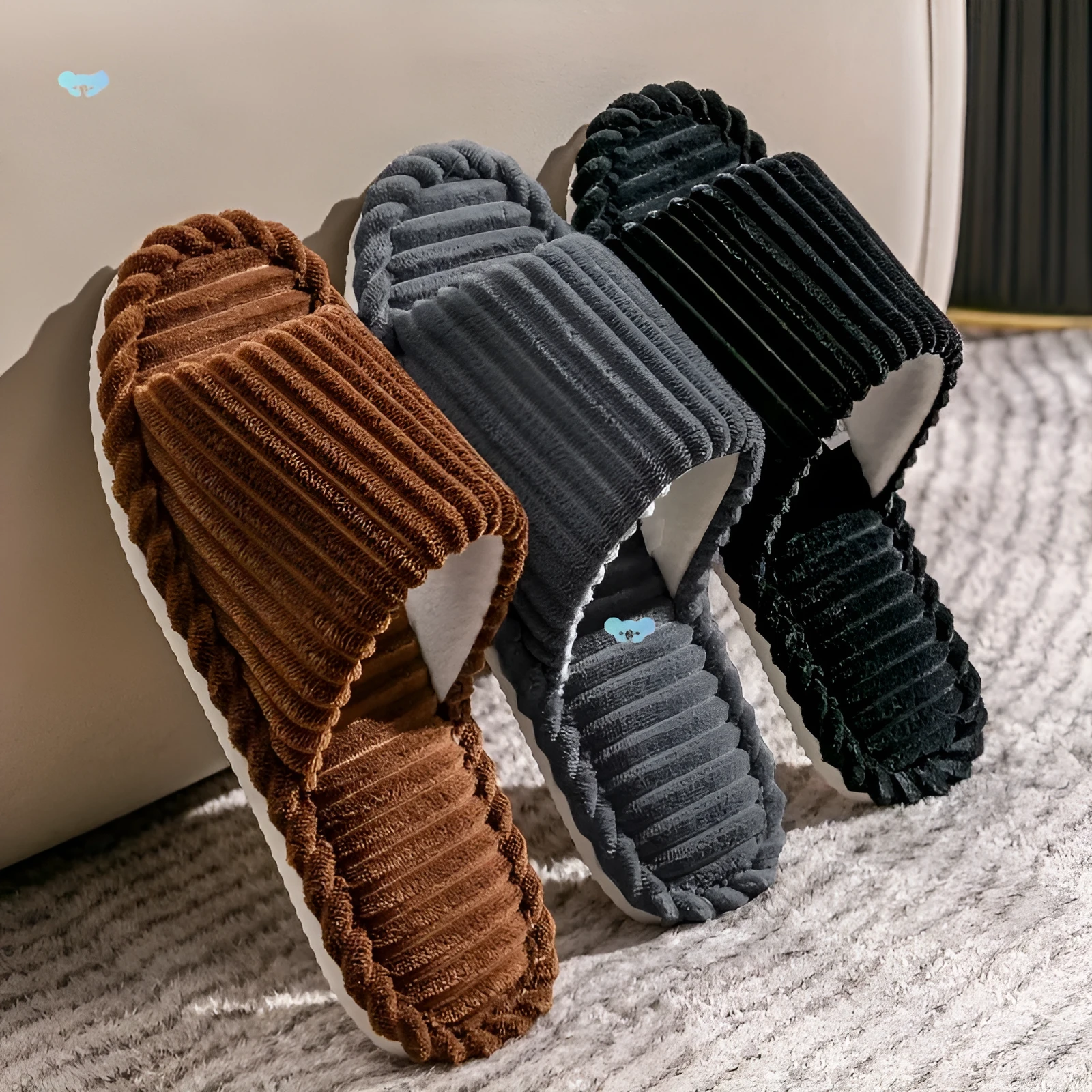 Men's corduroy striped indoor slippers with suede upper in beige, open design
