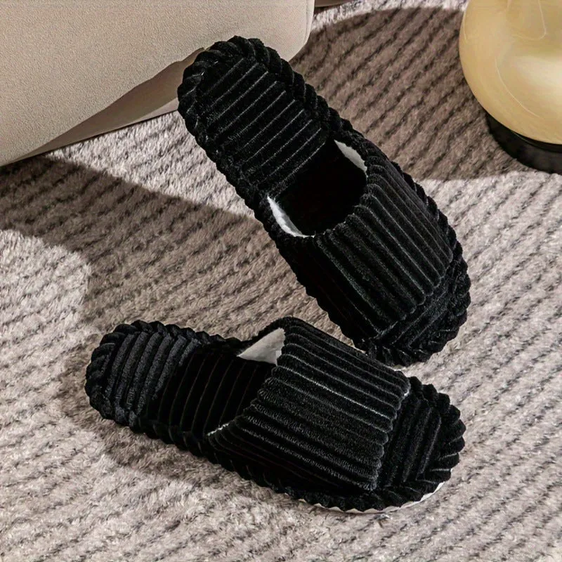 Men's corduroy striped indoor slippers with suede upper in beige, open design