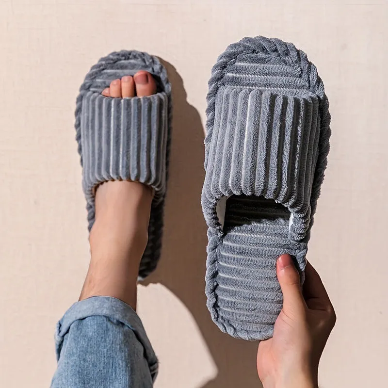 Men's corduroy striped indoor slippers with suede upper in beige, open design