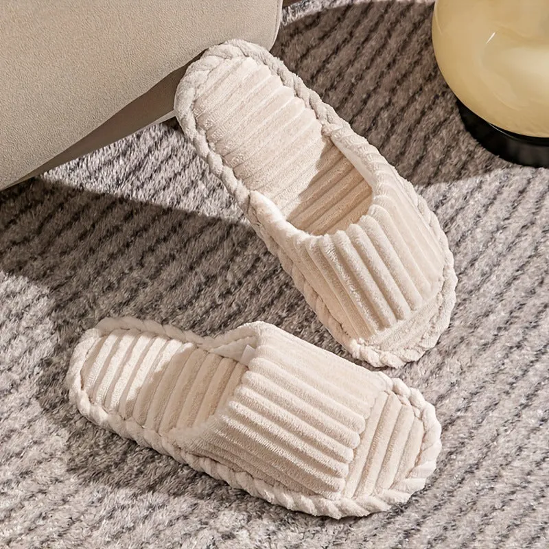 Men's corduroy striped indoor slippers with suede upper in beige, open design