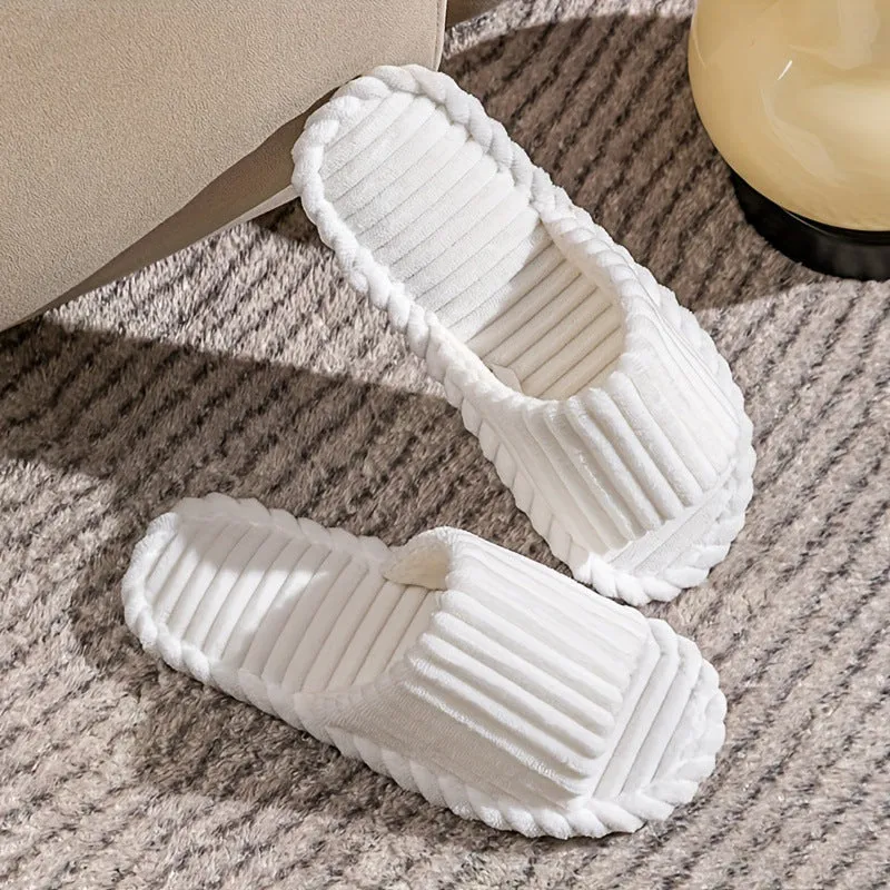 Men's corduroy striped indoor slippers with suede upper in beige, open design