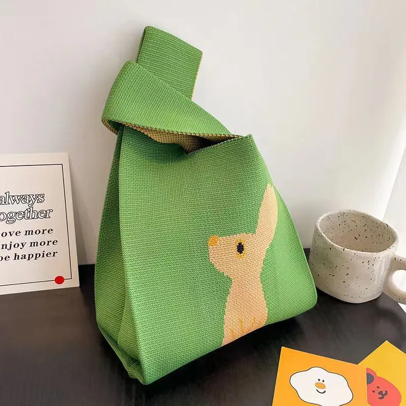 Women's knitted polyester casual handbag in beige with open outer pocket, 20cm x 35cm