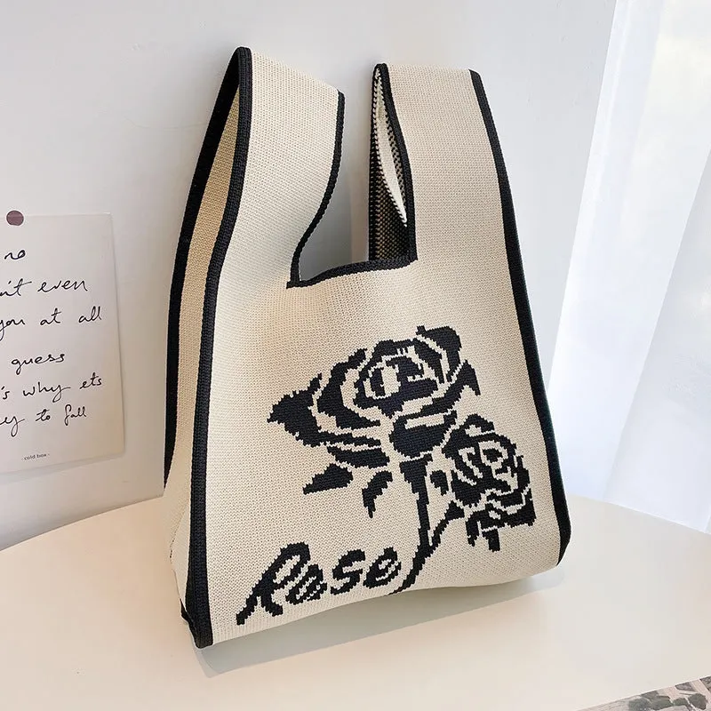 Women's knitted polyester casual handbag in beige with open outer pocket, 20cm x 35cm