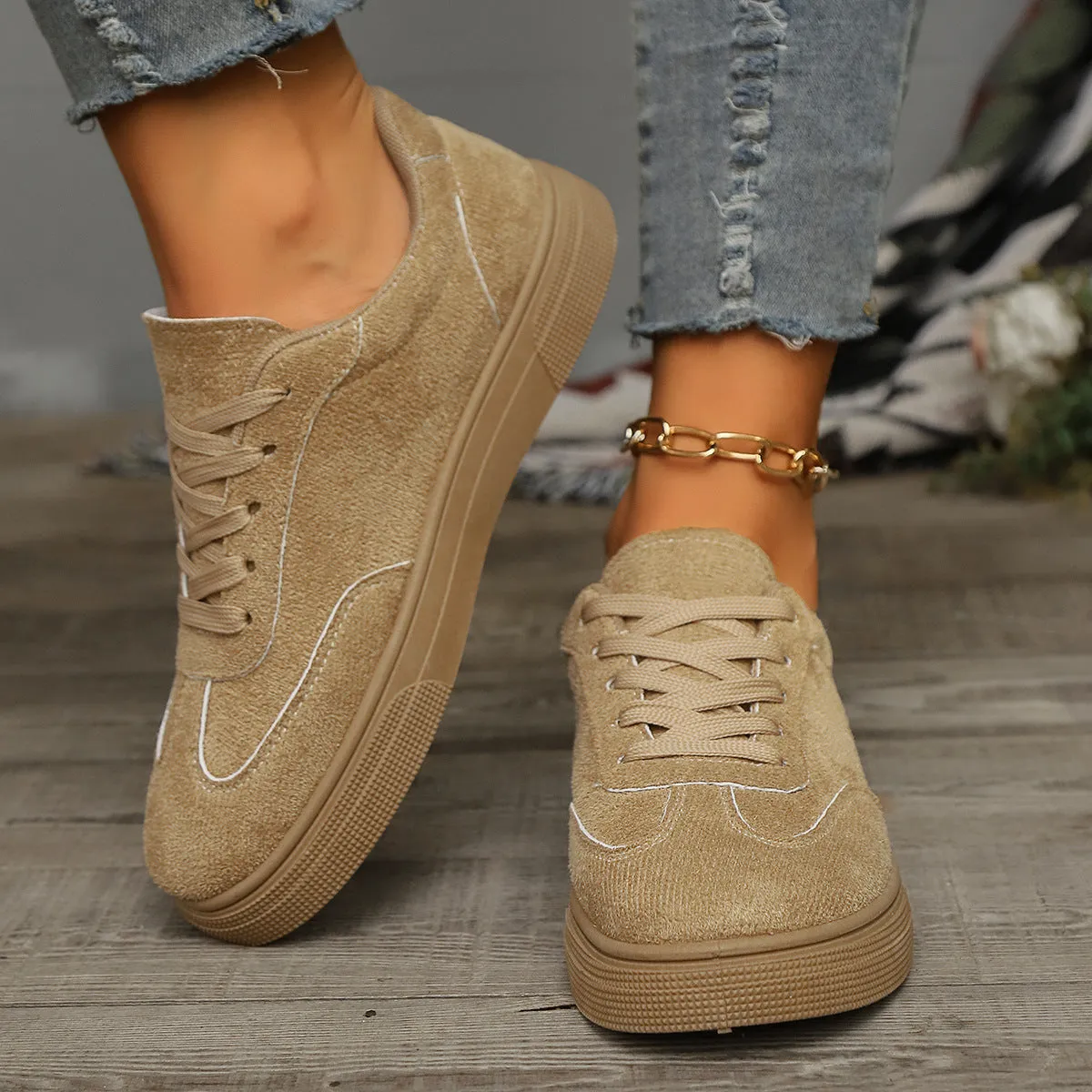 Women's casual lace up shoes with round toe, cross shoulder straps, low heel, in khaki colour