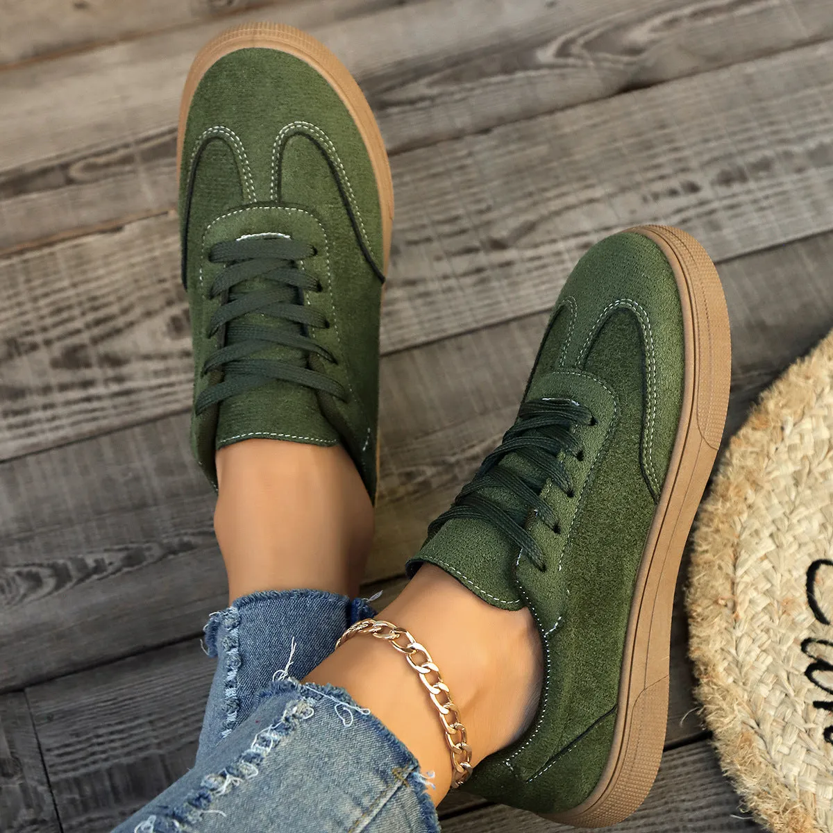 Women's casual lace up shoes with round toe, cross shoulder straps, low heel, in khaki colour