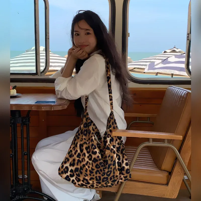 Large capacity casual women's bag in brown yellow corduroy with leopards print and double layer design
