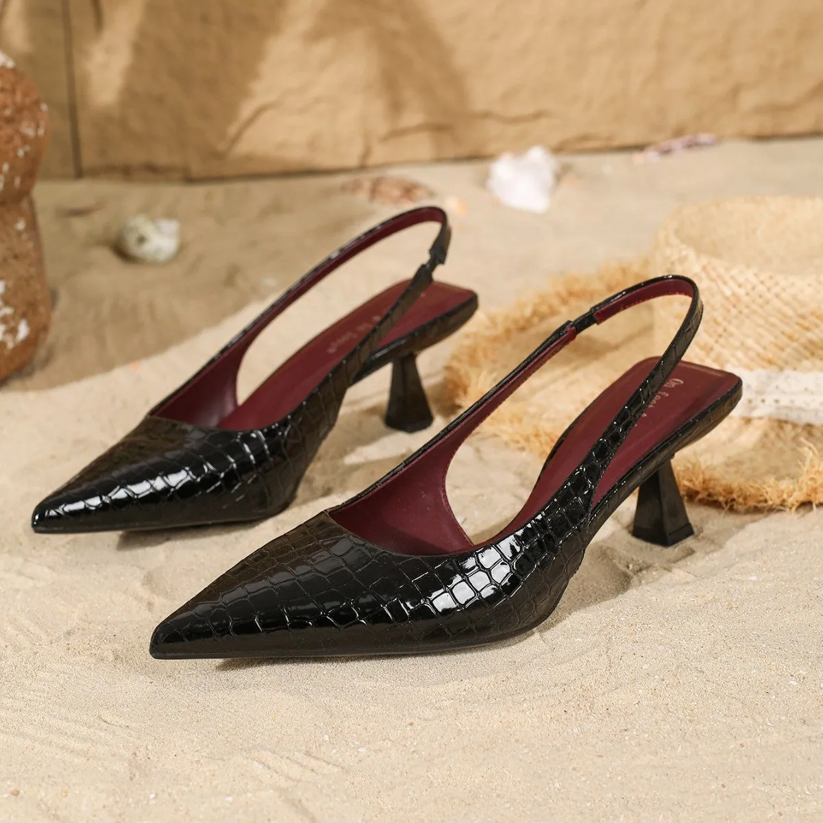 Black crystal pattern pointed toe high heel pumps with elastic band slingback and cat heel