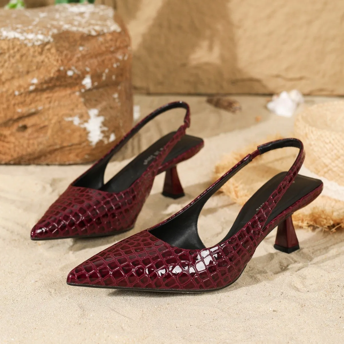 Black crystal pattern pointed toe high heel pumps with elastic band slingback and cat heel