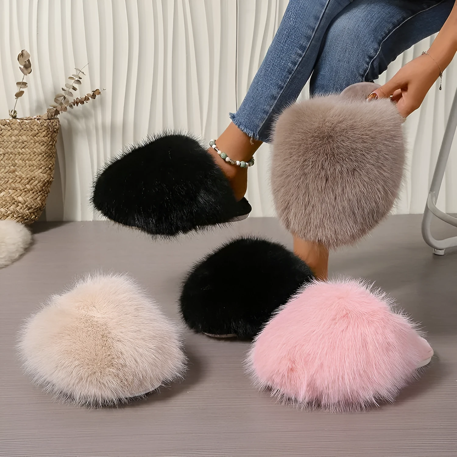 Thickened solid colour baotou slippers with plush upper and rubber sole, available in multiple colours and sizes for couples