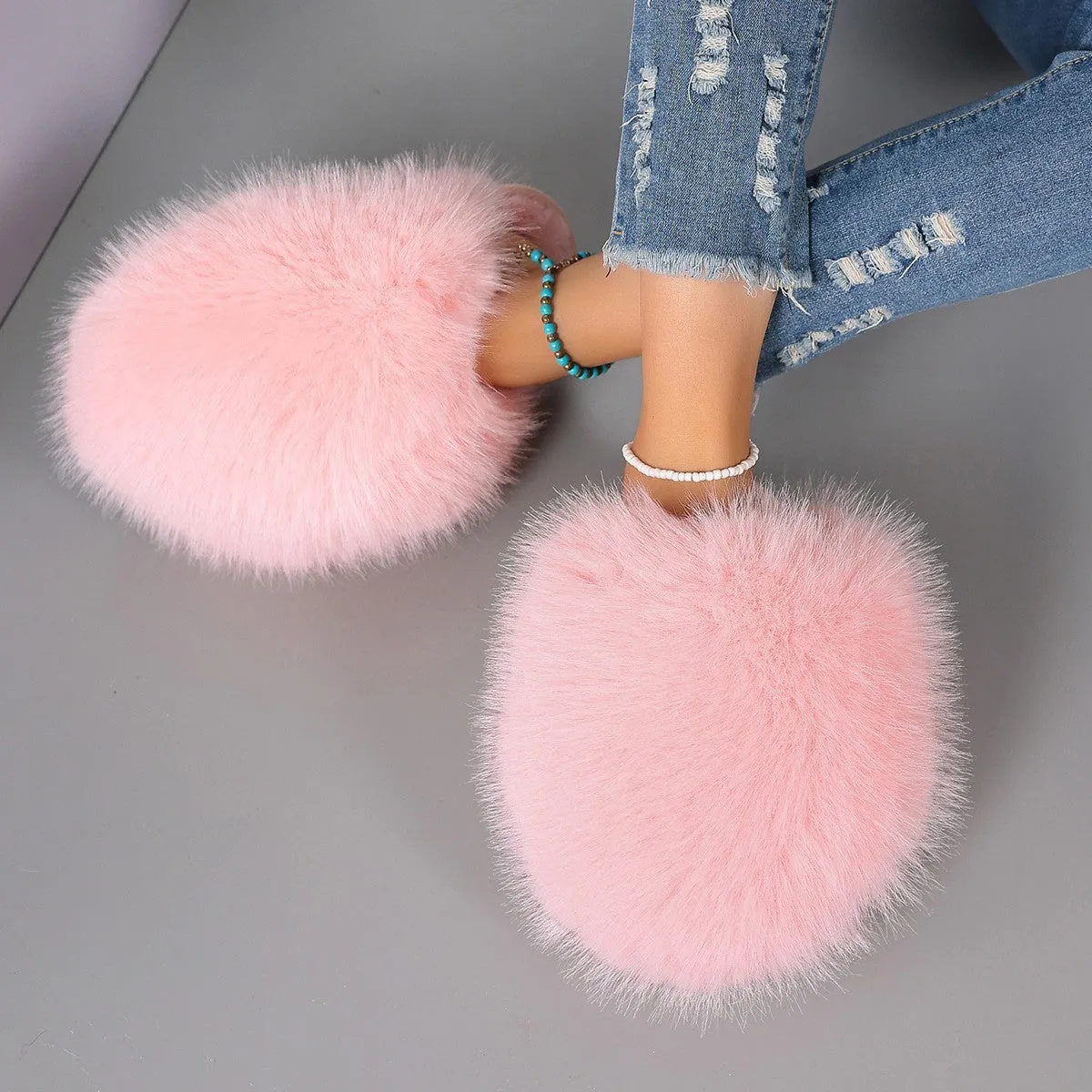 Thickened solid colour baotou slippers with plush upper and rubber sole, available in multiple colours and sizes for couples