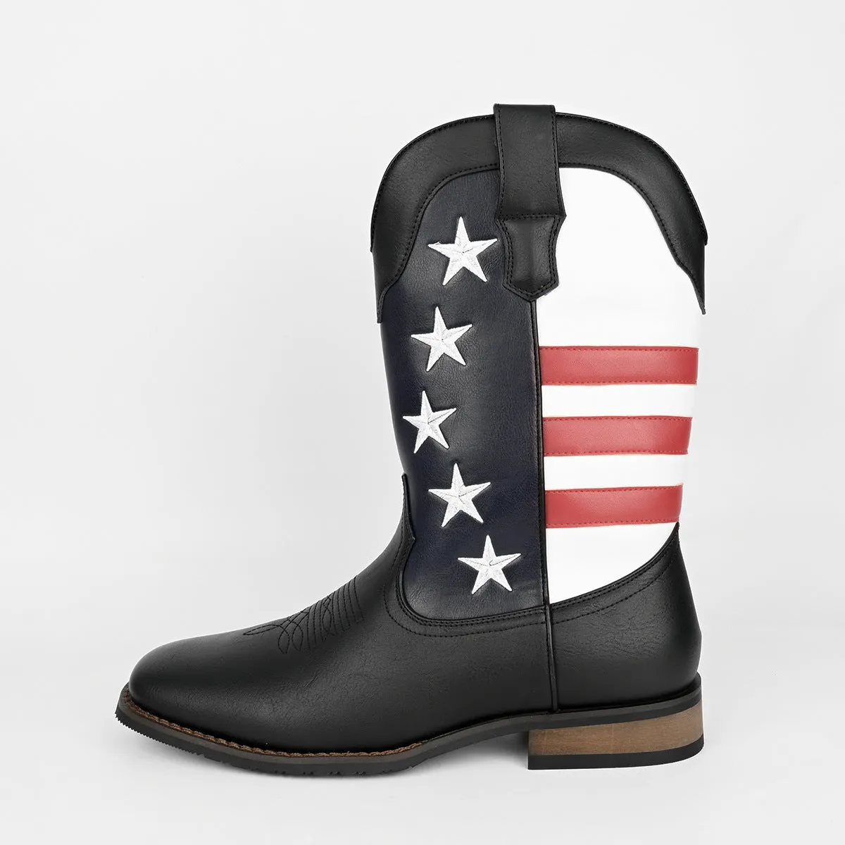 Men's western cowboy boots with five-pointed star detailing, floral decoration, artificial leather upper, and square heel