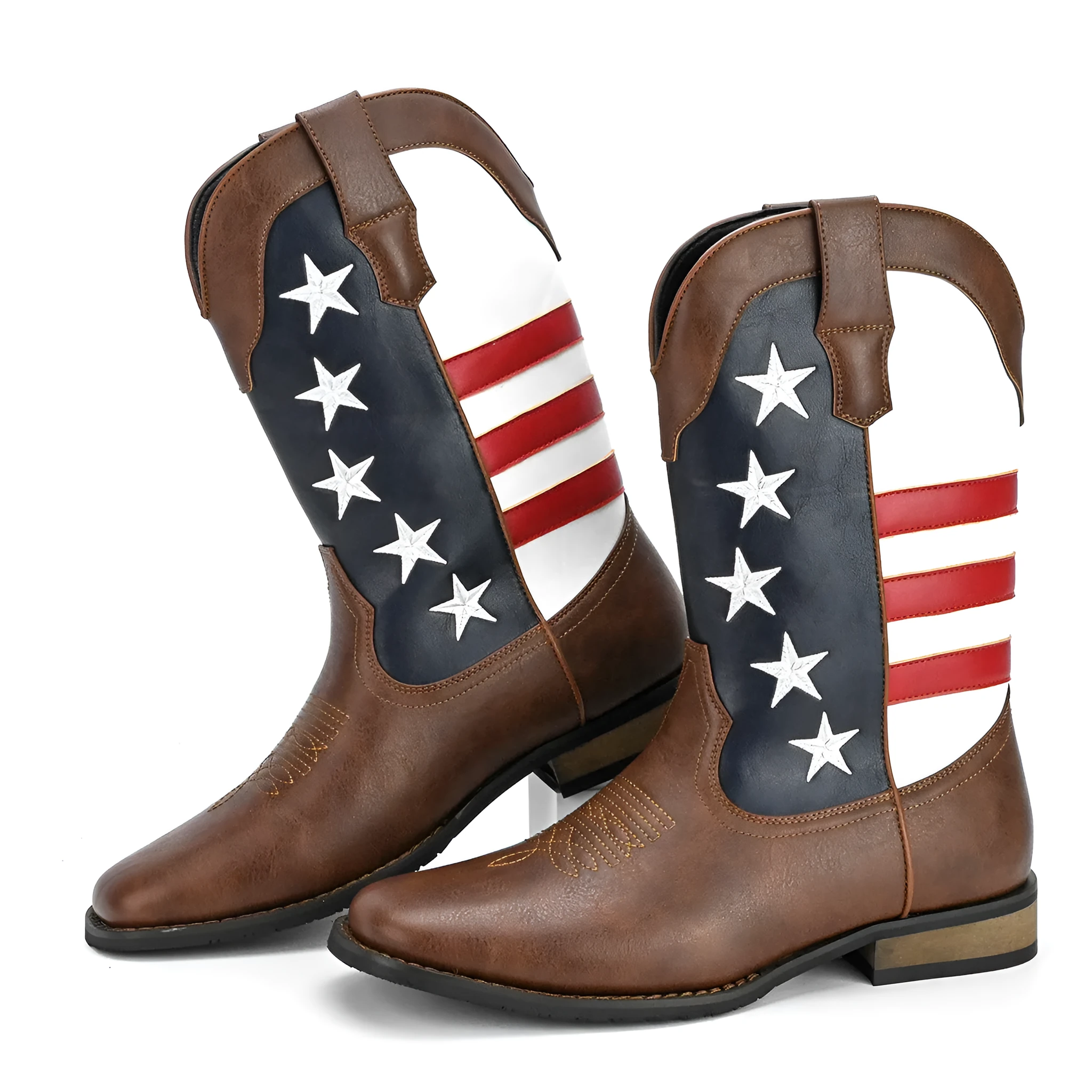 Men's western cowboy boots with five-pointed star detailing, floral decoration, artificial leather upper, and square heel