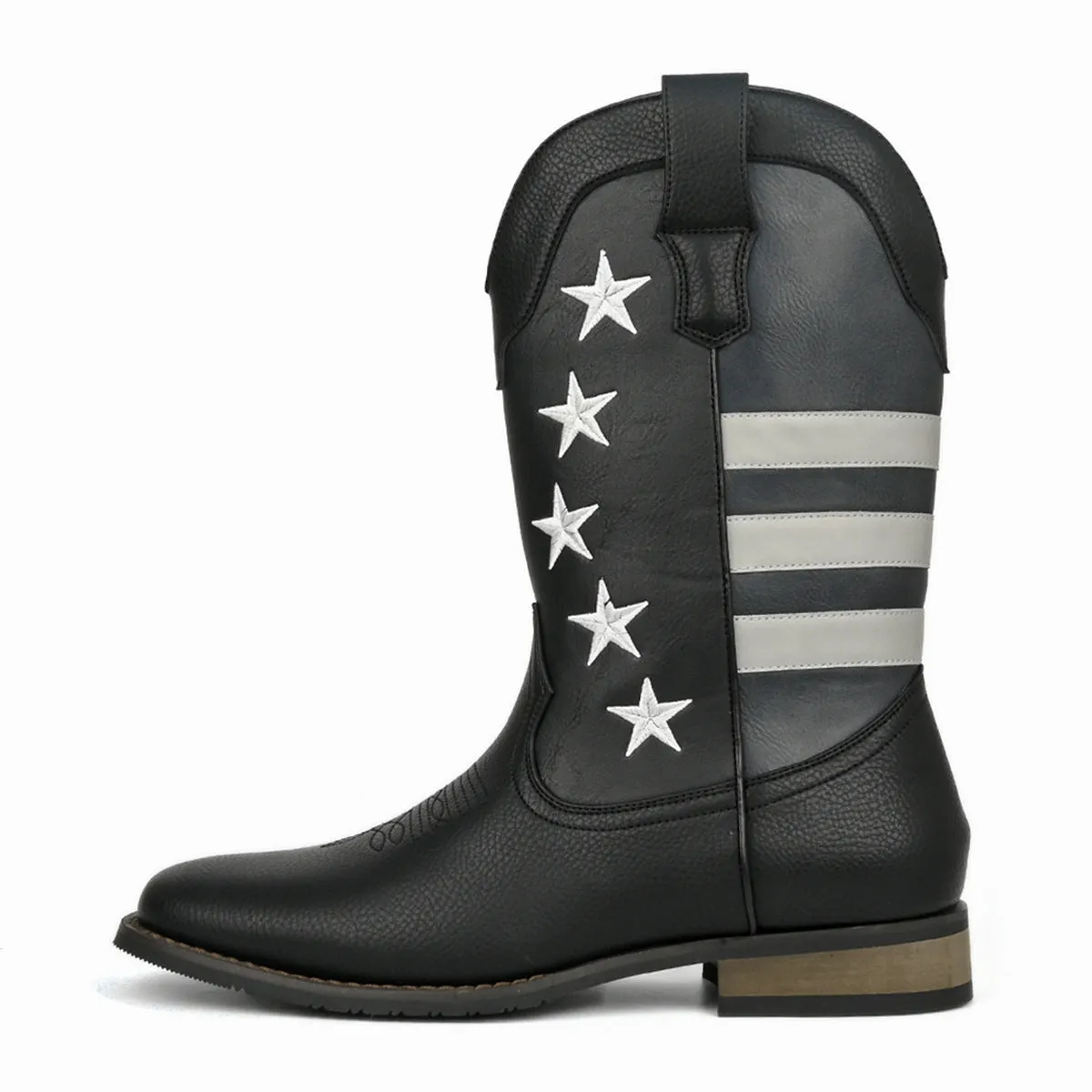 Men's western cowboy boots with five-pointed star detailing, floral decoration, artificial leather upper, and square heel