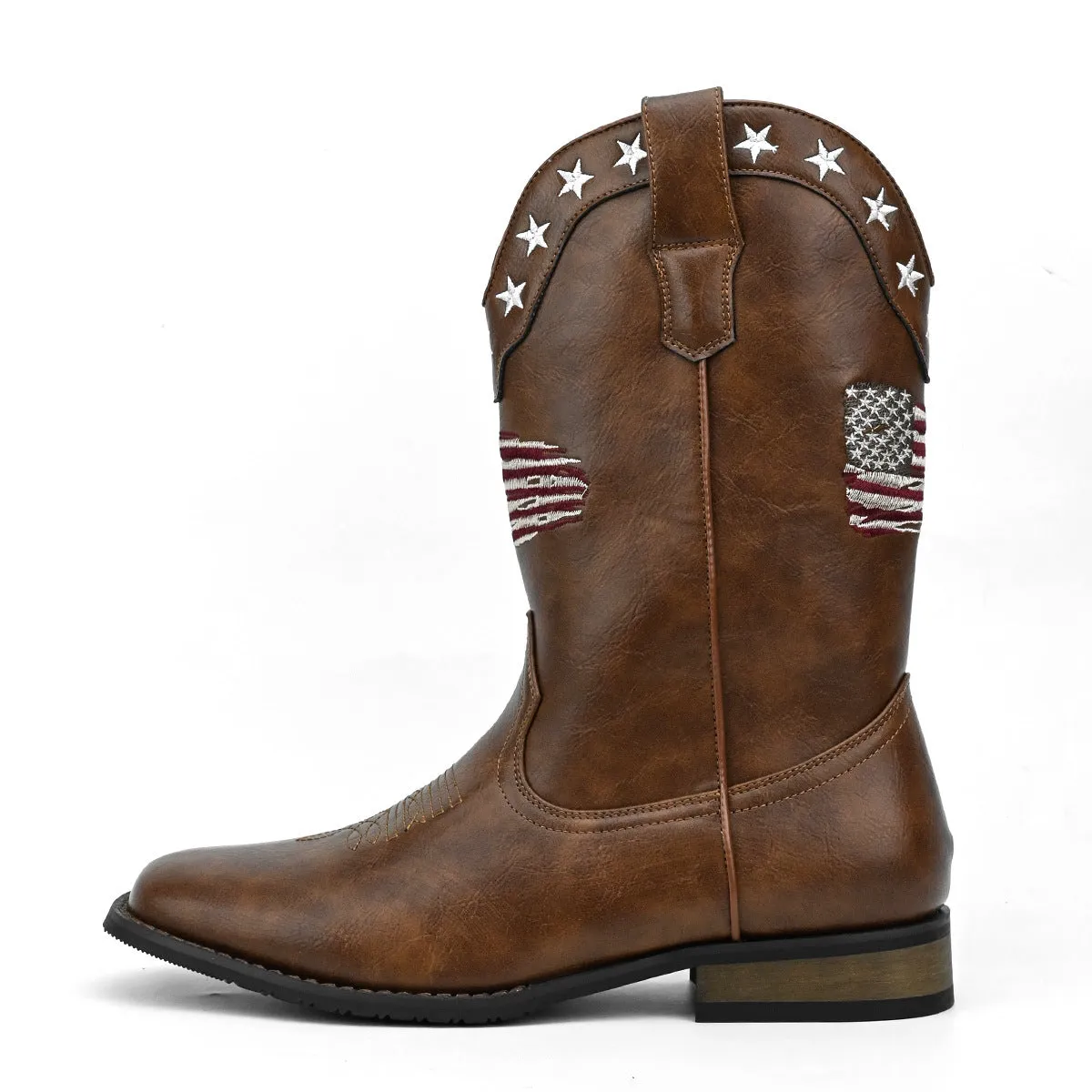 Men's western cowboy boots with five-pointed star detailing, floral decoration, artificial leather upper, and square heel