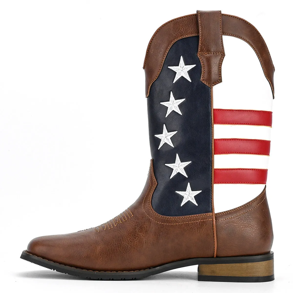 Men's western cowboy boots with five-pointed star detailing, floral decoration, artificial leather upper, and square heel
