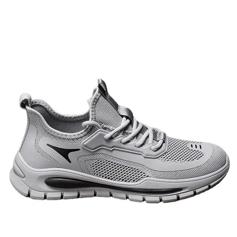 Mens breathable woven mesh low top lace up sports shoes in black and gray with PVC sole