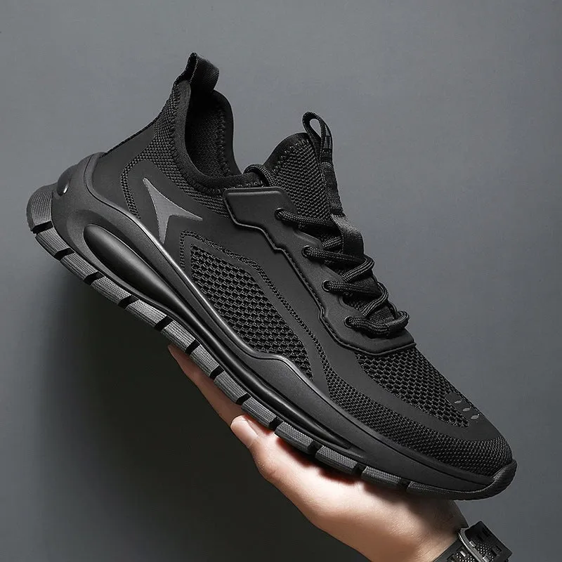 Mens breathable woven mesh low top lace up sports shoes in black and gray with PVC sole